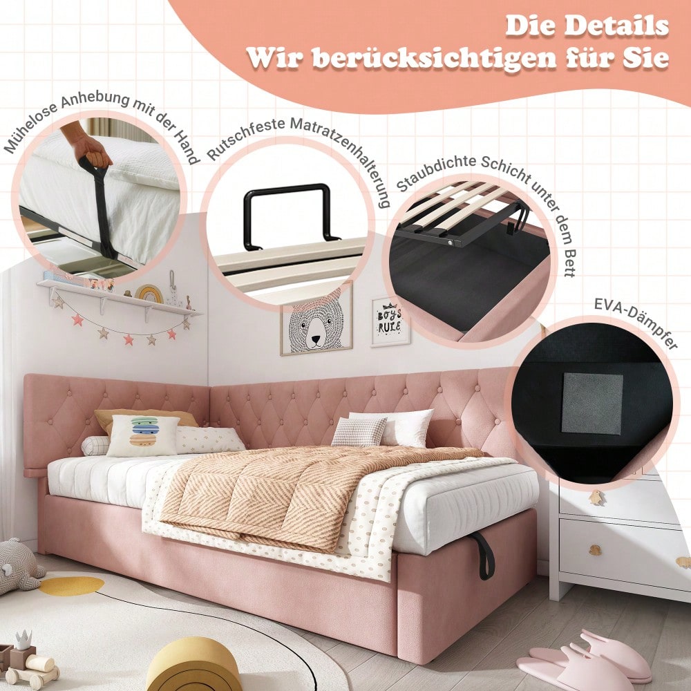 Polsterbett Tagesbett Daybett 90x190cm, Schlafsofa mit hydraulischem Stauraum, Kinderbett Jugendbett Bettgestell mit Lattenrost aus Holz, Samt, Rosa, ohne Matratze.