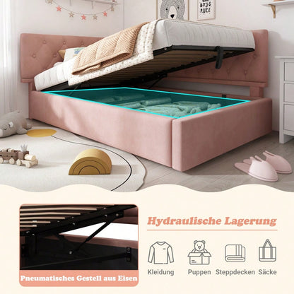 Polsterbett Tagesbett Daybett 90x190cm, Schlafsofa mit hydraulischem Stauraum, Kinderbett Jugendbett Bettgestell mit Lattenrost aus Holz, Samt, Rosa, ohne Matratze.