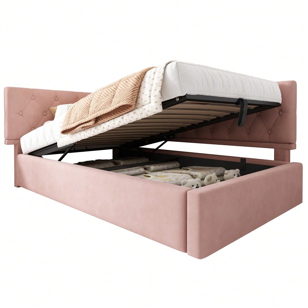 Polsterbett Tagesbett Daybett 90x190cm, Schlafsofa mit hydraulischem Stauraum, Kinderbett Jugendbett Bettgestell mit Lattenrost aus Holz, Samt, Rosa, ohne Matratze.