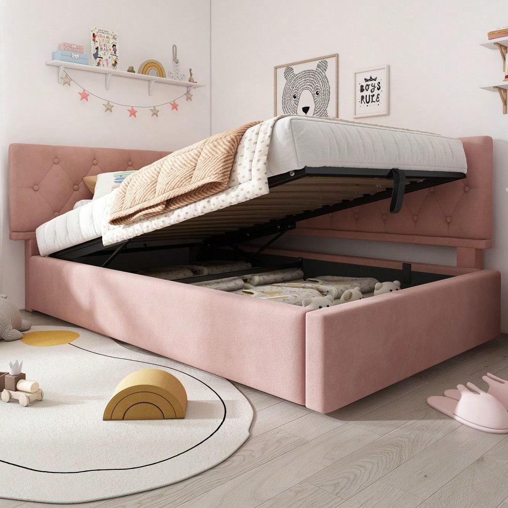 Polsterbett Tagesbett Daybett 90x190cm, Schlafsofa mit hydraulischem Stauraum, Kinderbett Jugendbett Bettgestell mit Lattenrost aus Holz, Samt, Rosa, ohne Matratze.