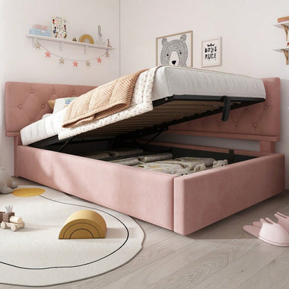 Polsterbett Tagesbett Daybett 90x190cm, Schlafsofa mit hydraulischem Stauraum, Kinderbett Jugendbett Bettgestell mit Lattenrost aus Holz, Samt, Rosa, ohne Matratze.