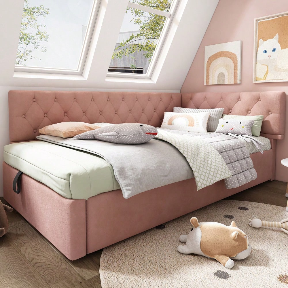 Polsterbett Tagesbett Daybett 90x190cm, Schlafsofa mit hydraulischem Stauraum, Kinderbett Jugendbett Bettgestell mit Lattenrost aus Holz, Samt, Rosa, ohne Matratze.