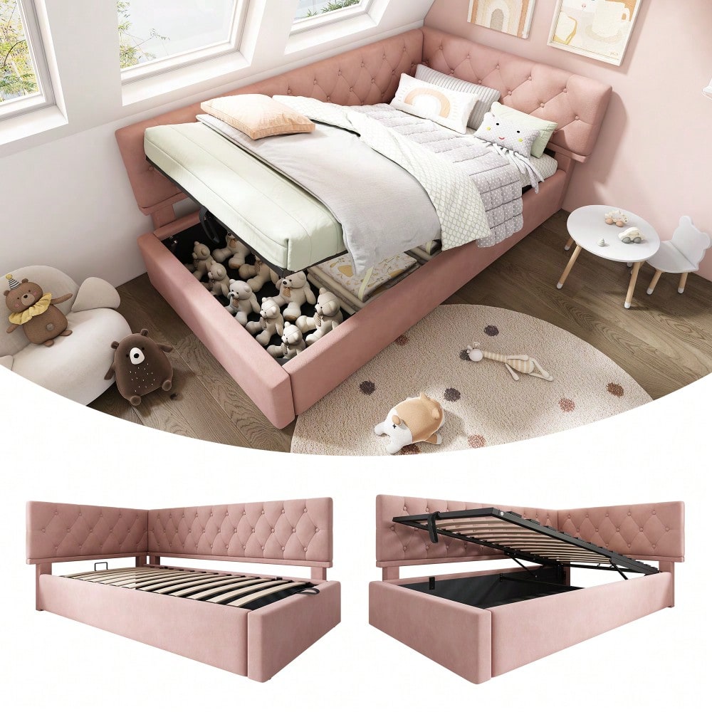 Polsterbett Tagesbett Daybett 90x190cm, Schlafsofa mit hydraulischem Stauraum, Kinderbett Jugendbett Bettgestell mit Lattenrost aus Holz, Samt, Rosa, ohne Matratze.