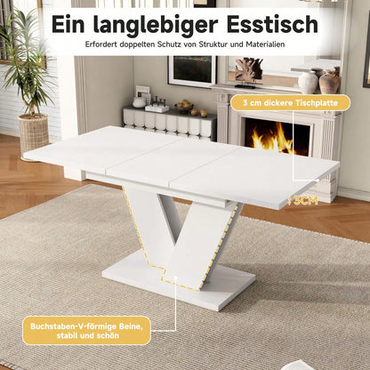 Ausziehbarer Esstisch 120/160*80 cm, geeignet für 4-6 Personen, rechteckiger Esstisch, verdickte Tischplatte, V-förmige Beine, einfacher Stil, ausziehbarer Esstisch, weiß