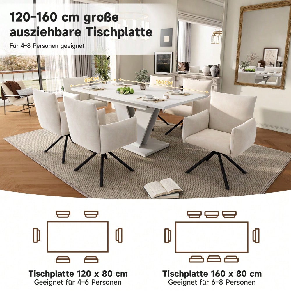 Ausziehbarer Esstisch 120/160*80 cm, geeignet für 4-6 Personen, rechteckiger Esstisch, verdickte Tischplatte, V-förmige Beine, einfacher Stil, ausziehbarer Esstisch, weiß