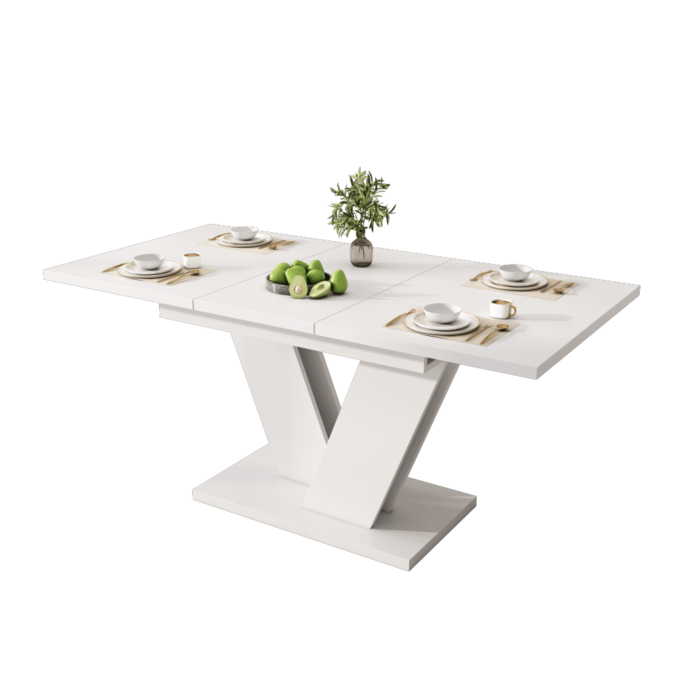 Ausziehbarer Esstisch 120/160*80 cm, geeignet für 4-6 Personen, rechteckiger Esstisch, verdickte Tischplatte, V-förmige Beine, einfacher Stil, ausziehbarer Esstisch, weiß