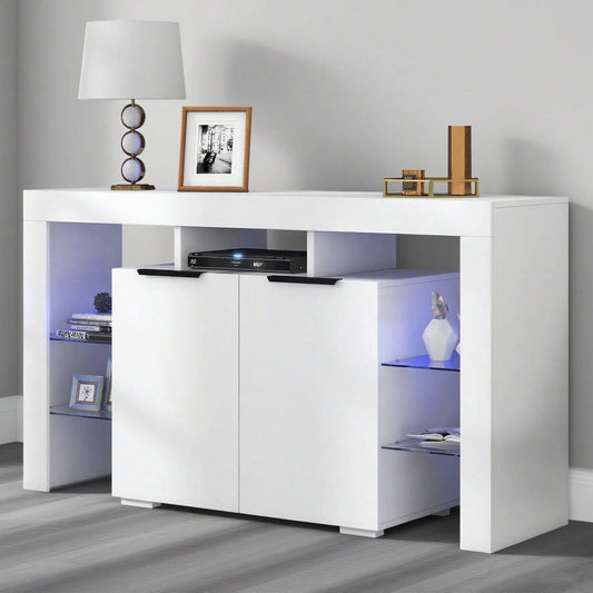 Hochglanz-LED-Sideboard, Küchenschrank, Schrank, Buffet-Aufbewahrung, Servertisch mit LED-Leuchten, Hochglanz-Buffetschrank mit 4 Glasböden und 2 Tür, Vitrine für Wohnzimmer, Eingangsbereich