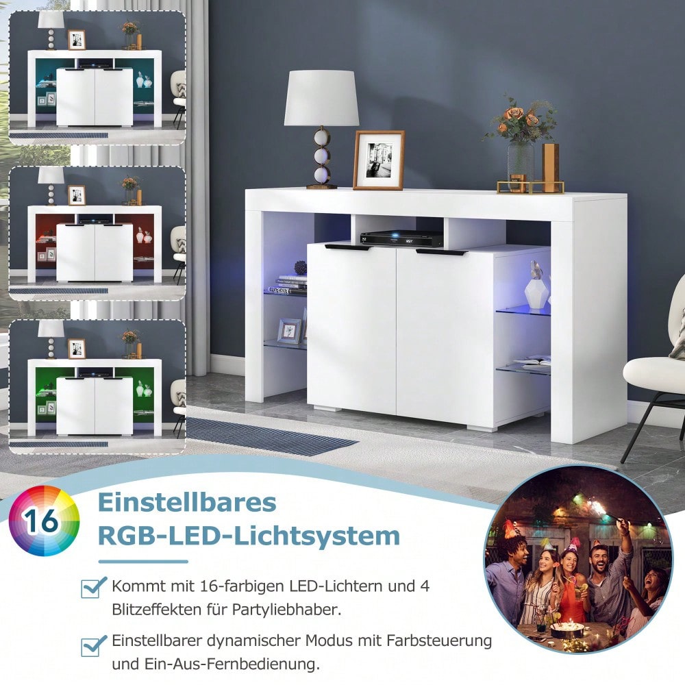 Hochglanz-LED-Sideboard, Küchenschrank, Schrank, Buffet-Aufbewahrung, Servertisch mit LED-Leuchten, Hochglanz-Buffetschrank mit 4 Glasböden und 2 Tür, Vitrine für Wohnzimmer, Eingangsbereich