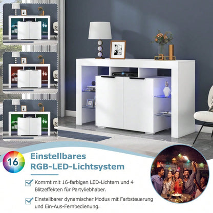Hochglanz-LED-Sideboard, Küchenschrank, Schrank, Buffet-Aufbewahrung, Servertisch mit LED-Leuchten, Hochglanz-Buffetschrank mit 4 Glasböden und 2 Tür, Vitrine für Wohnzimmer, Eingangsbereich