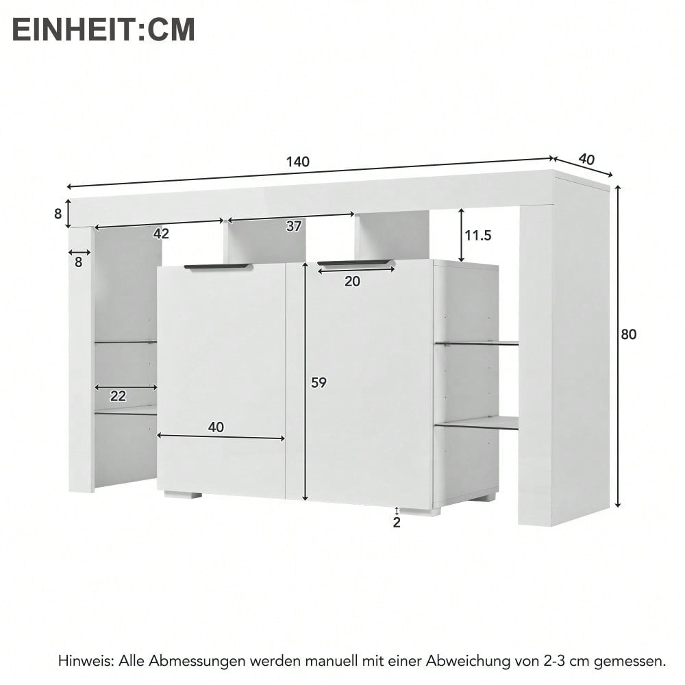 Hochglanz-LED-Sideboard, Küchenschrank, Schrank, Buffet-Aufbewahrung, Servertisch mit LED-Leuchten, Hochglanz-Buffetschrank mit 4 Glasböden und 2 Tür, Vitrine für Wohnzimmer, Eingangsbereich