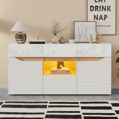 140*40*70cm Wohnzimmeranrichte,Sideboards Mit 4 Schubladen,Schrank mit zwei Fächern,breite grifflose Kommode, vielseitig einsetzbar,Hochglanz-Sofa-Beistellschrank mit LED-Beleuchtung,Weiß + Holzfarbe