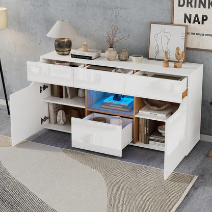 140*40*70cm Wohnzimmeranrichte,Sideboards Mit 4 Schubladen,Schrank mit zwei Fächern,breite grifflose Kommode, vielseitig einsetzbar,Hochglanz-Sofa-Beistellschrank mit LED-Beleuchtung,Weiß + Holzfarbe