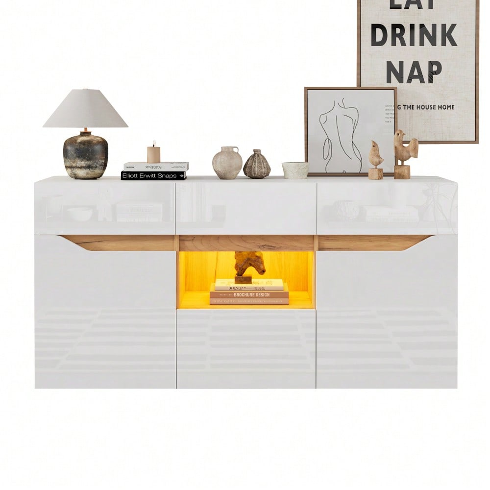 140*40*70cm Wohnzimmeranrichte,Sideboards Mit 4 Schubladen,Schrank mit zwei Fächern,breite grifflose Kommode, vielseitig einsetzbar,Hochglanz-Sofa-Beistellschrank mit LED-Beleuchtung,Weiß + Holzfarbe