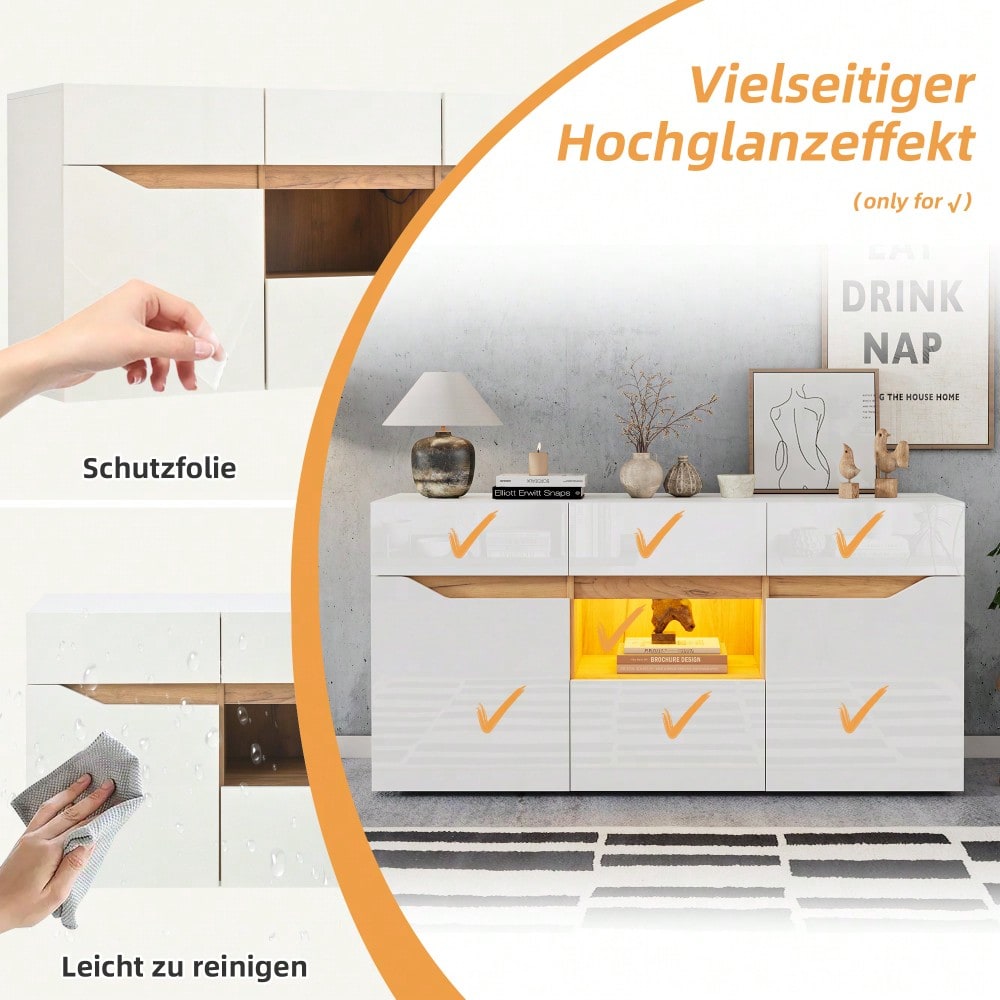 140*40*70cm Wohnzimmeranrichte,Sideboards Mit 4 Schubladen,Schrank mit zwei Fächern,breite grifflose Kommode, vielseitig einsetzbar,Hochglanz-Sofa-Beistellschrank mit LED-Beleuchtung,Weiß + Holzfarbe