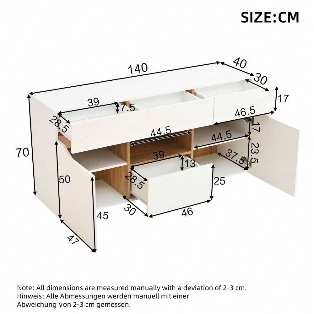 140*40*70cm Wohnzimmeranrichte,Sideboards Mit 4 Schubladen,Schrank mit zwei Fächern,breite grifflose Kommode, vielseitig einsetzbar,Hochglanz-Sofa-Beistellschrank mit LED-Beleuchtung,Weiß + Holzfarbe