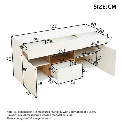140*40*70cm Wohnzimmeranrichte,Sideboards Mit 4 Schubladen,Schrank mit zwei Fächern,breite grifflose Kommode, vielseitig einsetzbar,Hochglanz-Sofa-Beistellschrank mit LED-Beleuchtung,Weiß + Holzfarbe
