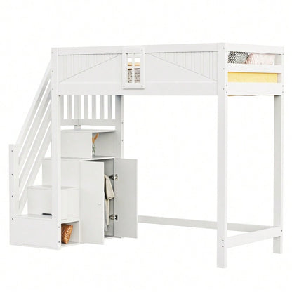 Massivholz-Hochbett 90 x 200 cm, Einzigartige Sicherheitstür mit Fenster, Seitliche Ablage-Sicherheitsleiter Links und Rechts Austauschbar, Multifunktionsbett, Weiß