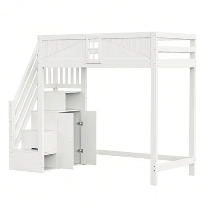 Massivholz-Hochbett 90 x 200 cm, Einzigartige Sicherheitstür mit Fenster, Seitliche Ablage-Sicherheitsleiter Links und Rechts Austauschbar, Multifunktionsbett, Weiß