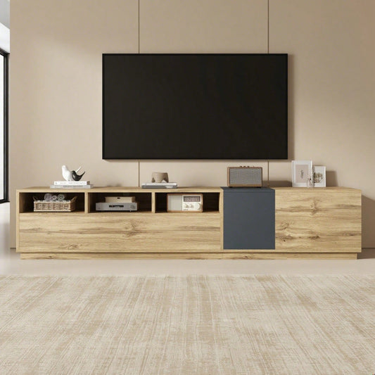 Ein moderner TV-Ständer in Kontrastfarben. Mit schlichtem, kontrastreichem Design. Mit offenen Fächern und Kabelöffnungen. 200 cm