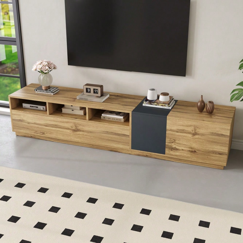 Ein moderner TV-Ständer in Kontrastfarben. Mit schlichtem, kontrastreichem Design. Mit offenen Fächern und Kabelöffnungen. 200 cm