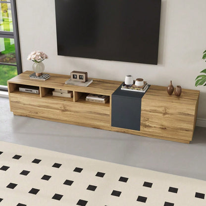 Ein moderner TV-Ständer in Kontrastfarben. Mit schlichtem, kontrastreichem Design. Mit offenen Fächern und Kabelöffnungen. 200 cm