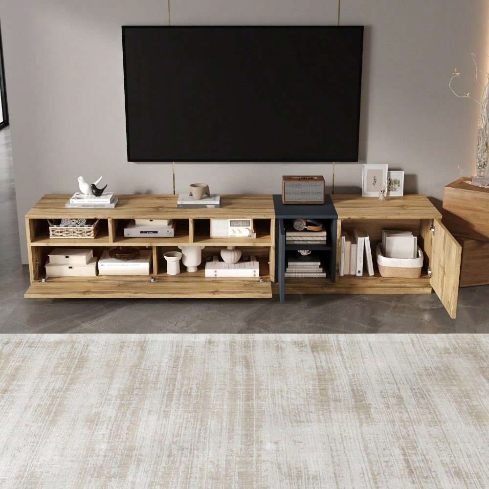 Ein moderner TV-Ständer in Kontrastfarben. Mit schlichtem, kontrastreichem Design. Mit offenen Fächern und Kabelöffnungen. 200 cm