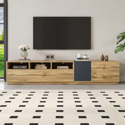 Ein moderner TV-Ständer in Kontrastfarben. Mit schlichtem, kontrastreichem Design. Mit offenen Fächern und Kabelöffnungen. 200 cm