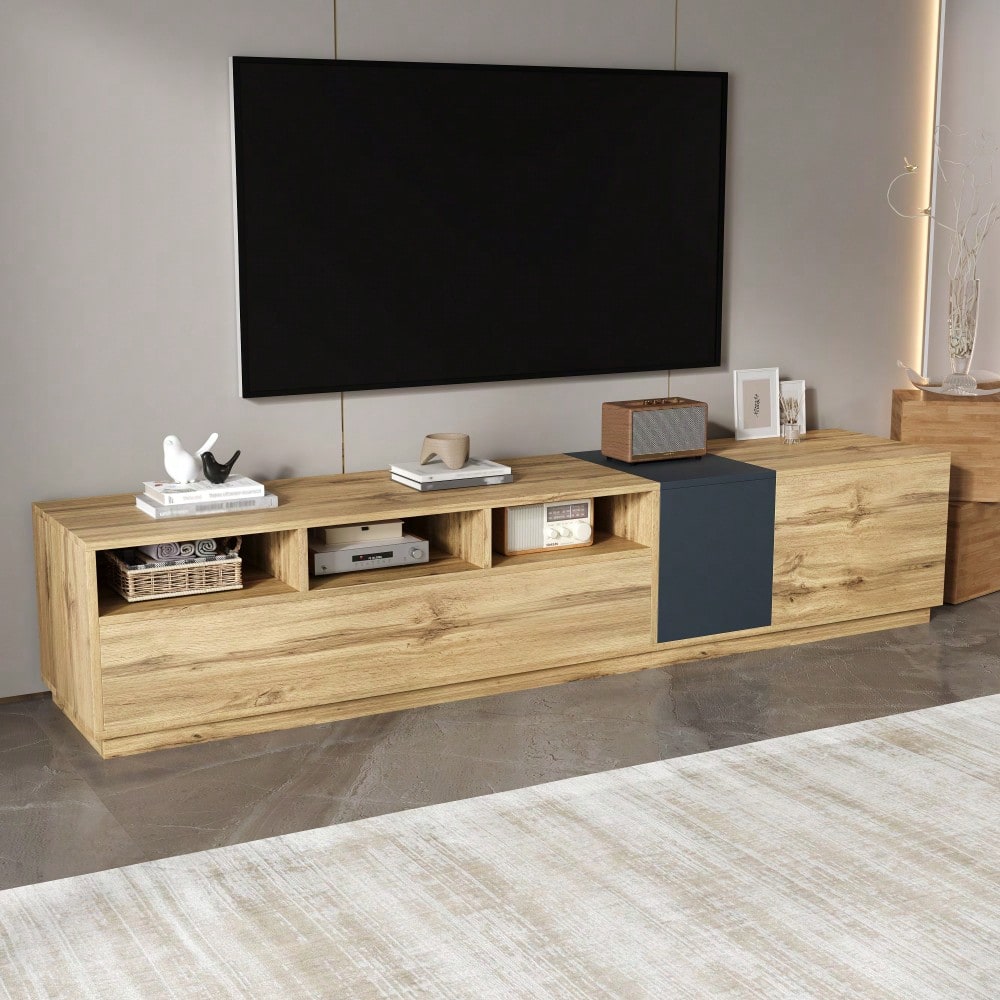 Ein moderner TV-Ständer in Kontrastfarben. Mit schlichtem, kontrastreichem Design. Mit offenen Fächern und Kabelöffnungen. 200 cm