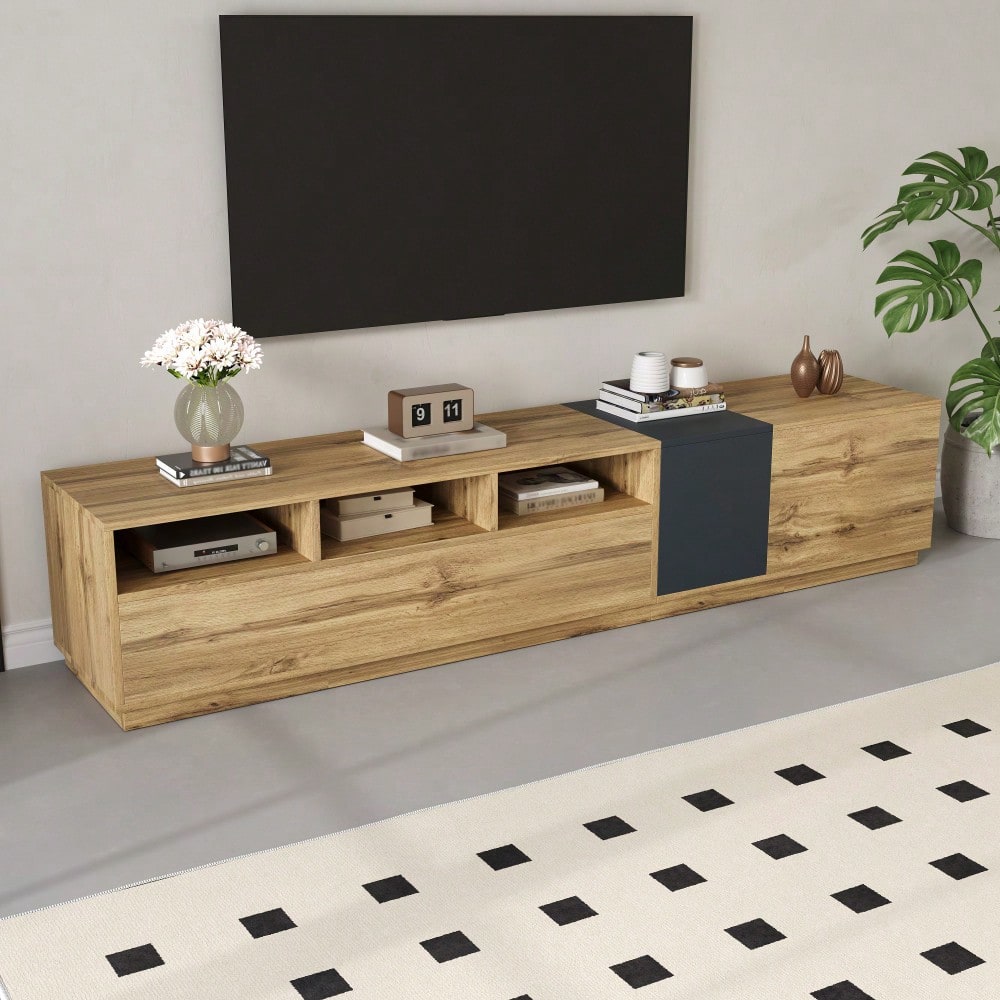 Ein moderner TV-Ständer in Kontrastfarben. Mit schlichtem, kontrastreichem Design. Mit offenen Fächern und Kabelöffnungen. 200 cm