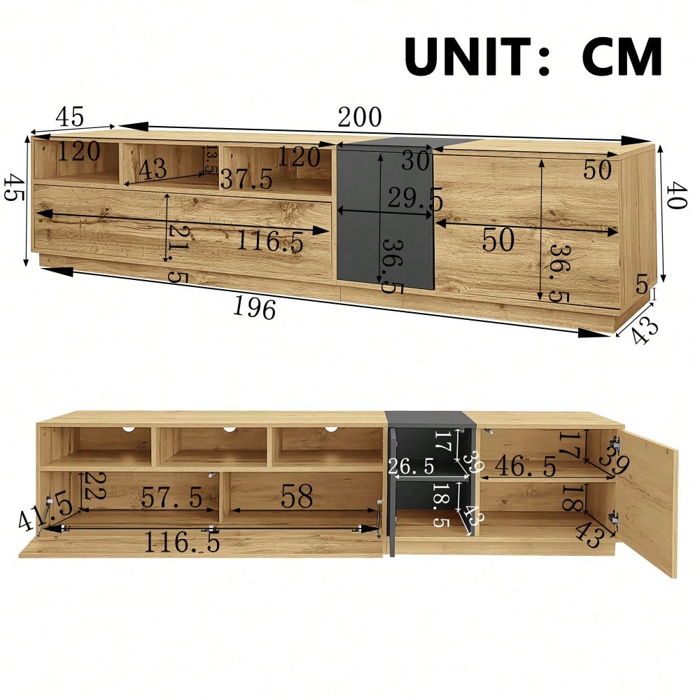 Ein moderner TV-Ständer in Kontrastfarben. Mit schlichtem, kontrastreichem Design. Mit offenen Fächern und Kabelöffnungen. 200 cm