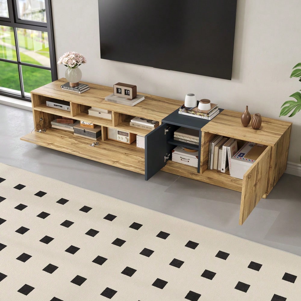 Ein moderner TV-Ständer in Kontrastfarben. Mit schlichtem, kontrastreichem Design. Mit offenen Fächern und Kabelöffnungen. 200 cm