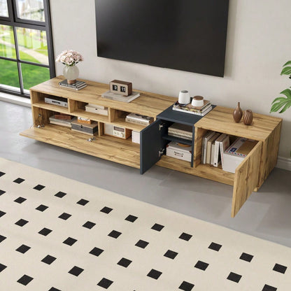 Ein moderner TV-Ständer in Kontrastfarben. Mit schlichtem, kontrastreichem Design. Mit offenen Fächern und Kabelöffnungen. 200 cm
