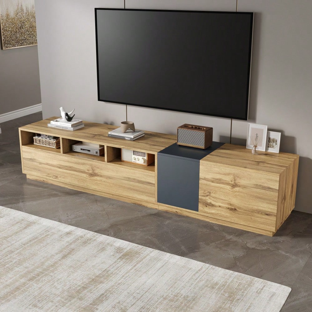 Ein moderner TV-Ständer in Kontrastfarben. Mit schlichtem, kontrastreichem Design. Mit offenen Fächern und Kabelöffnungen. 200 cm