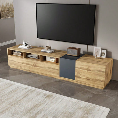 Ein moderner TV-Ständer in Kontrastfarben. Mit schlichtem, kontrastreichem Design. Mit offenen Fächern und Kabelöffnungen. 200 cm