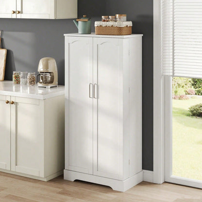 60×35×128cm, weiß, multifunktionaler Küchenschrank mit LED-Sensorleuchte, höhenverstellbaren Einlegeböden, Doppeltür mit Staufach, Kippschutzvorrichtung, geeignet für Küche, Wohnzimmer und Esszimmer.