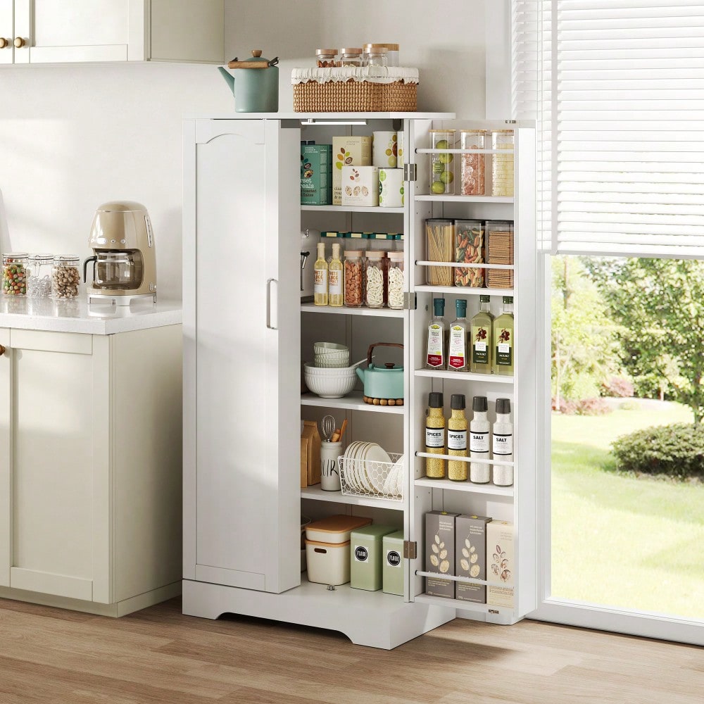 60×35×128cm, weiß, multifunktionaler Küchenschrank mit LED-Sensorleuchte, höhenverstellbaren Einlegeböden, Doppeltür mit Staufach, Kippschutzvorrichtung, geeignet für Küche, Wohnzimmer und Esszimmer.