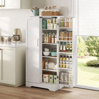 60×35×128cm, weiß, multifunktionaler Küchenschrank mit LED-Sensorleuchte, höhenverstellbaren Einlegeböden, Doppeltür mit Staufach, Kippschutzvorrichtung, geeignet für Küche, Wohnzimmer und Esszimmer.