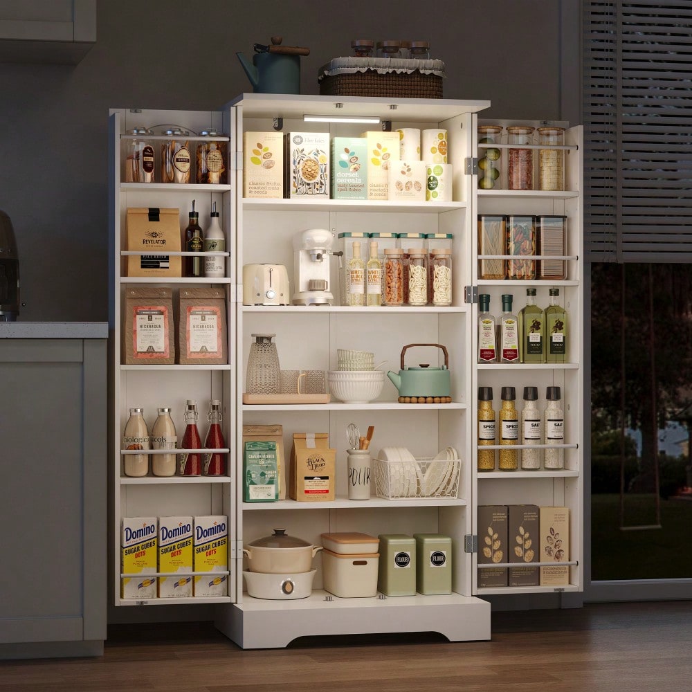 60×35×128cm, weiß, multifunktionaler Küchenschrank mit LED-Sensorleuchte, höhenverstellbaren Einlegeböden, Doppeltür mit Staufach, Kippschutzvorrichtung, geeignet für Küche, Wohnzimmer und Esszimmer.