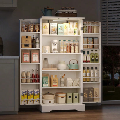 60×35×128cm, weiß, multifunktionaler Küchenschrank mit LED-Sensorleuchte, höhenverstellbaren Einlegeböden, Doppeltür mit Staufach, Kippschutzvorrichtung, geeignet für Küche, Wohnzimmer und Esszimmer.