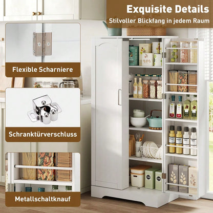 60×35×128cm, weiß, multifunktionaler Küchenschrank mit LED-Sensorleuchte, höhenverstellbaren Einlegeböden, Doppeltür mit Staufach, Kippschutzvorrichtung, geeignet für Küche, Wohnzimmer und Esszimmer.