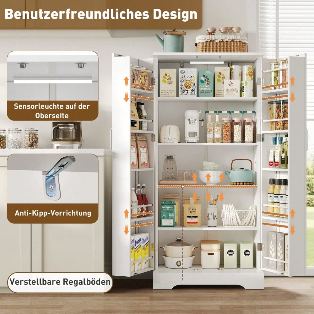 60×35×128cm, weiß, multifunktionaler Küchenschrank mit LED-Sensorleuchte, höhenverstellbaren Einlegeböden, Doppeltür mit Staufach, Kippschutzvorrichtung, geeignet für Küche, Wohnzimmer und Esszimmer.