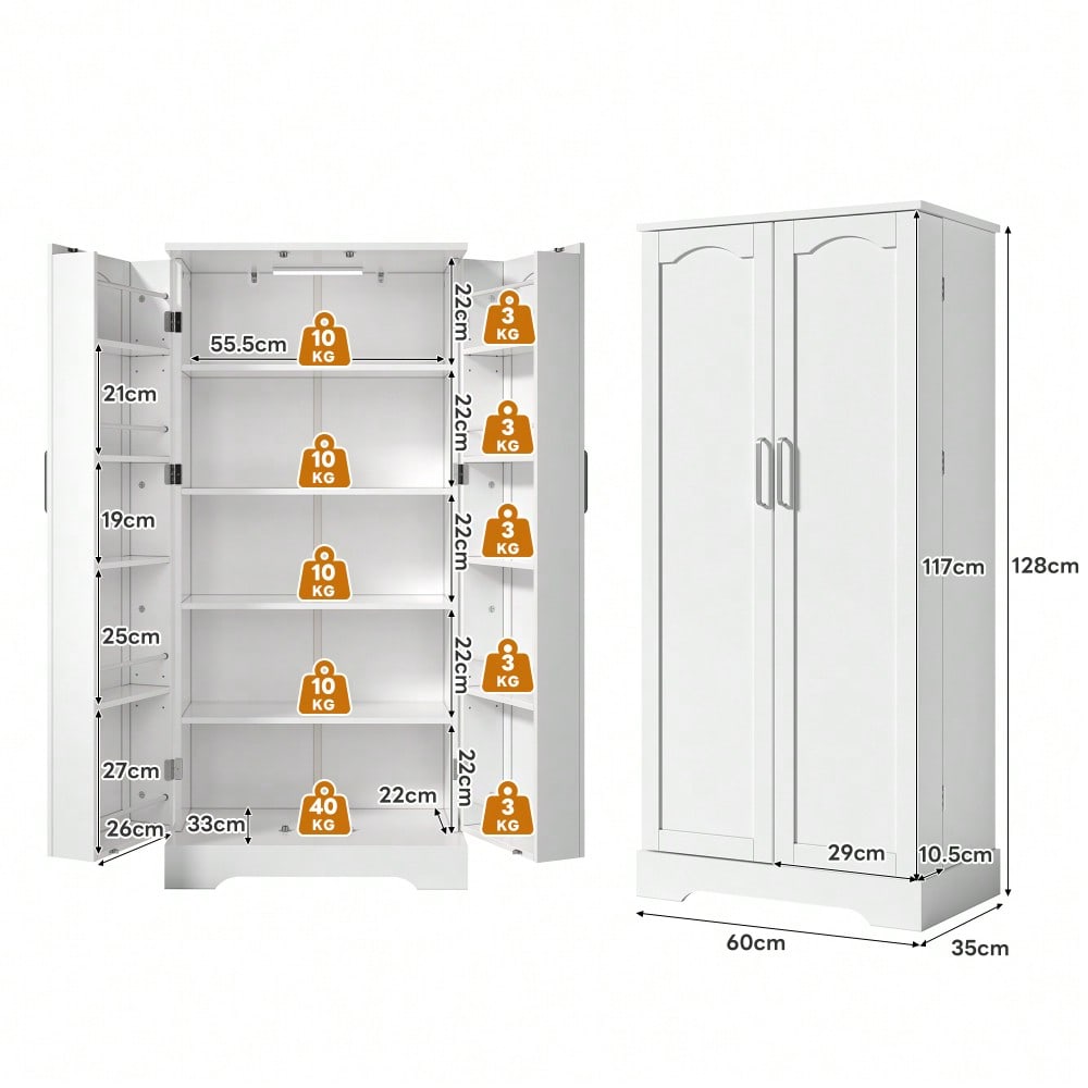 60×35×128cm, weiß, multifunktionaler Küchenschrank mit LED-Sensorleuchte, höhenverstellbaren Einlegeböden, Doppeltür mit Staufach, Kippschutzvorrichtung, geeignet für Küche, Wohnzimmer und Esszimmer.
