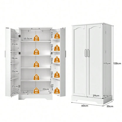 60×35×128cm, weiß, multifunktionaler Küchenschrank mit LED-Sensorleuchte, höhenverstellbaren Einlegeböden, Doppeltür mit Staufach, Kippschutzvorrichtung, geeignet für Küche, Wohnzimmer und Esszimmer.