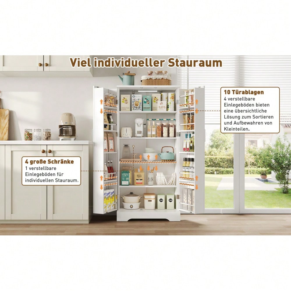 60×35×128cm, weiß, multifunktionaler Küchenschrank mit LED-Sensorleuchte, höhenverstellbaren Einlegeböden, Doppeltür mit Staufach, Kippschutzvorrichtung, geeignet für Küche, Wohnzimmer und Esszimmer.