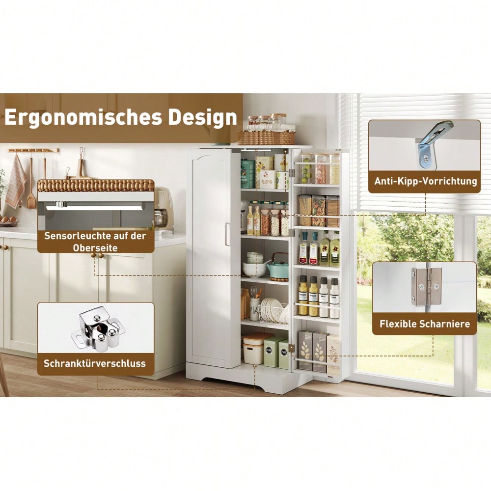 60×35×128cm, weiß, multifunktionaler Küchenschrank mit LED-Sensorleuchte, höhenverstellbaren Einlegeböden, Doppeltür mit Staufach, Kippschutzvorrichtung, geeignet für Küche, Wohnzimmer und Esszimmer.