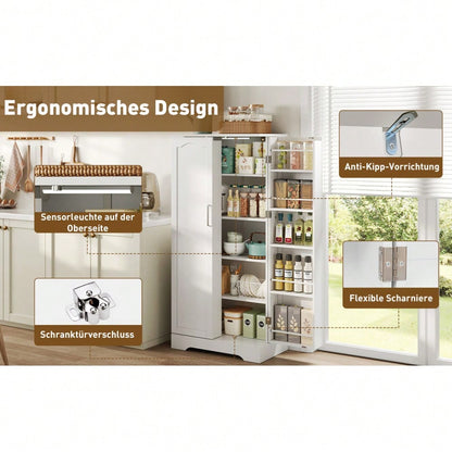 60×35×128cm, weiß, multifunktionaler Küchenschrank mit LED-Sensorleuchte, höhenverstellbaren Einlegeböden, Doppeltür mit Staufach, Kippschutzvorrichtung, geeignet für Küche, Wohnzimmer und Esszimmer.