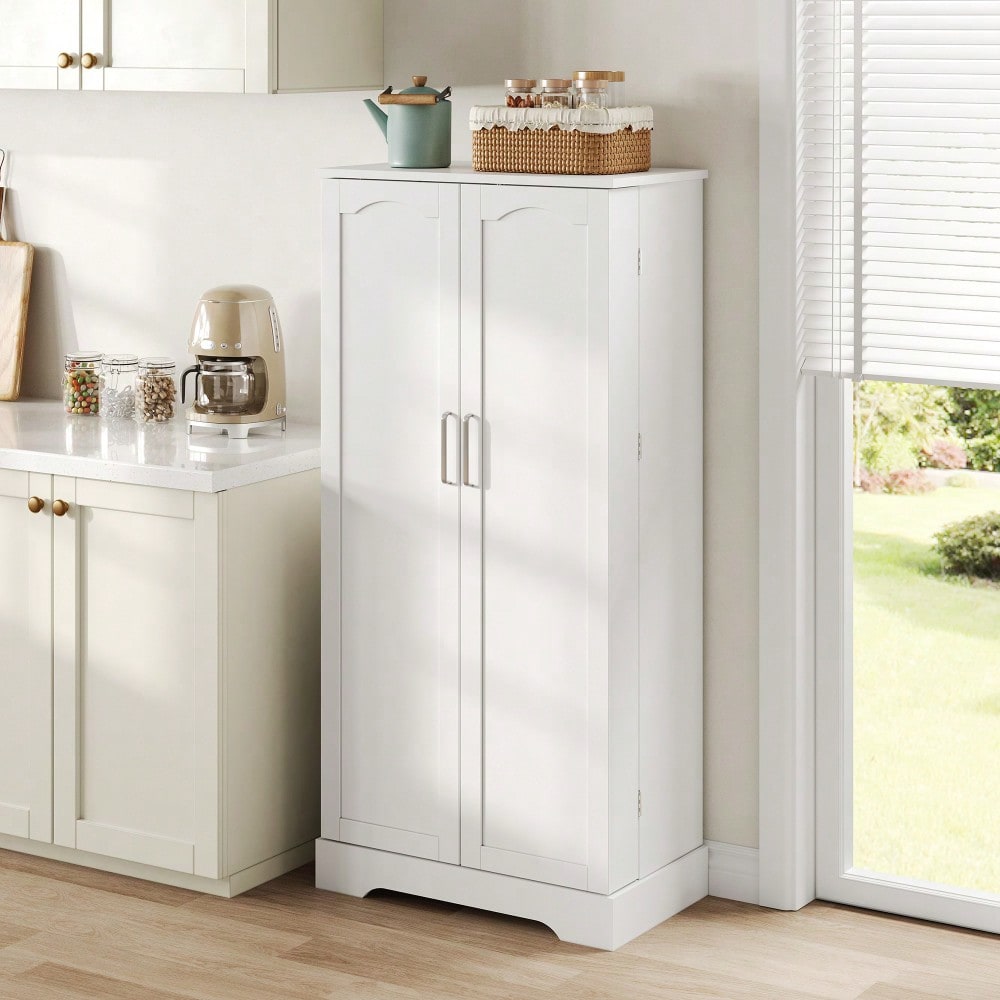 60×35×128cm, weiß, multifunktionaler Küchenschrank mit LED-Sensorleuchte, höhenverstellbaren Einlegeböden, Doppeltür mit Staufach, Kippschutzvorrichtung, geeignet für Küche, Wohnzimmer und Esszimmer.