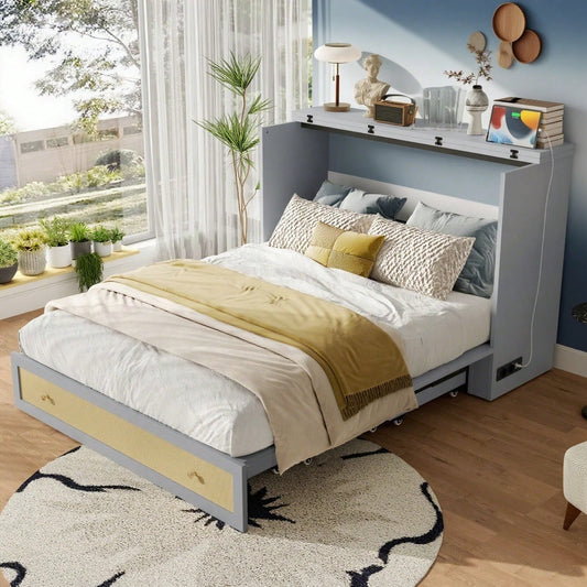 Schrankbett, 140 x 200, Mobiles Schrankbett mit Schubladen am Bettende und Regal am Kopfende des Bettes, mit USB und Steckdose, Umbaubares Plattformbett, Ohne Matratze, Grau