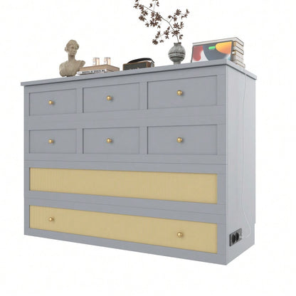 Schrankbett, 140 x 200, Mobiles Schrankbett mit Schubladen am Bettende und Regal am Kopfende des Bettes, mit USB und Steckdose, Umbaubares Plattformbett, Ohne Matratze, Grau