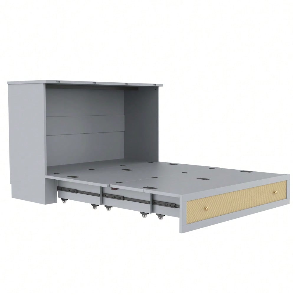 Schrankbett, 140 x 200, Mobiles Schrankbett mit Schubladen am Bettende und Regal am Kopfende des Bettes, mit USB und Steckdose, Umbaubares Plattformbett, Ohne Matratze, Grau